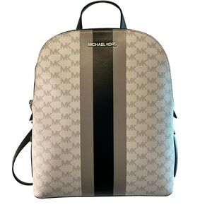 MICHAEL KORS Cindy Center Stripe Backpack White, Black, Gray, MK Logo Large Bag